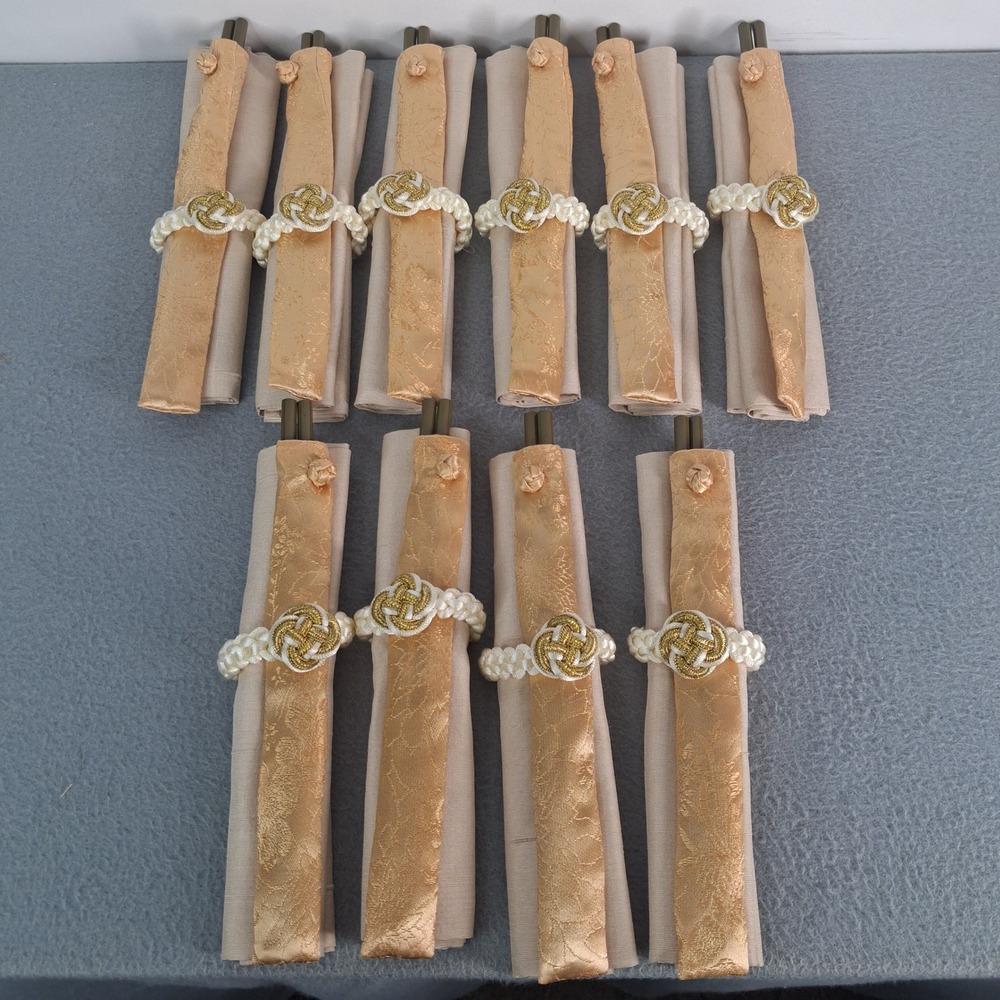 Gold Brocade Chopstick Napkin Set 10pc Asian Dining Decor Champagne Green